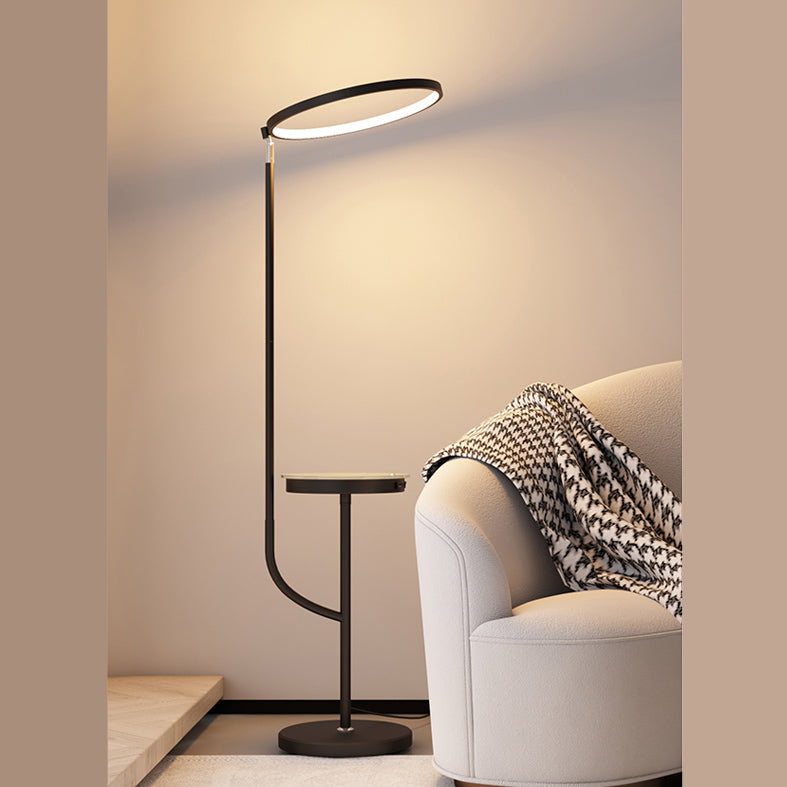 Adjustable Ring Shade Floor Lamp Minimalist Metal Black LED Standing Light with Tray