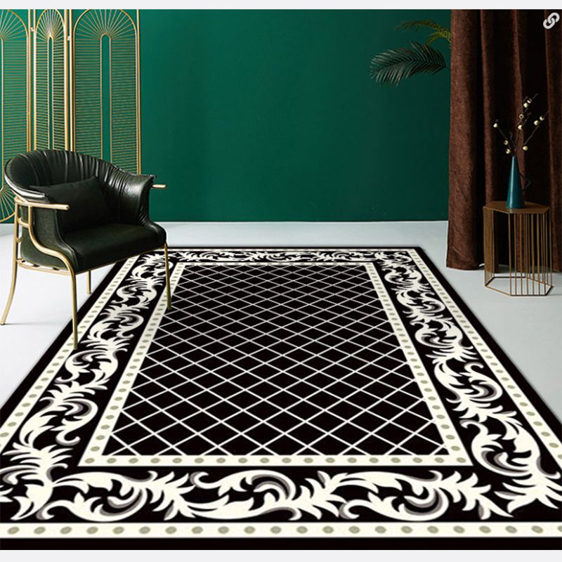 Black Oriental Carpet Polyester Graphic Area Carpet Non-Slip Backing Carpet for Living Room