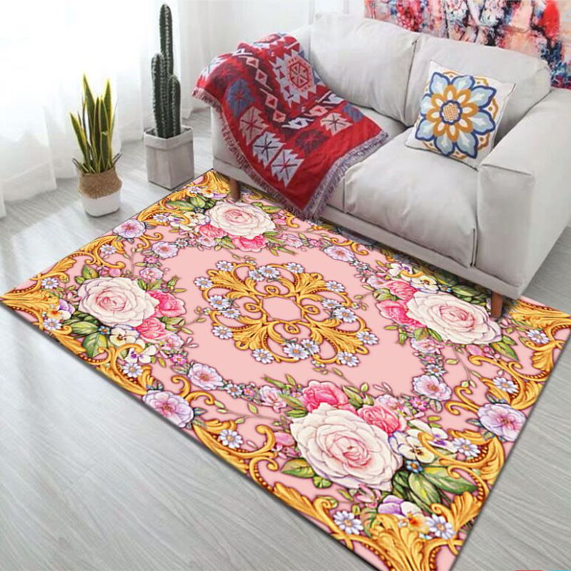 Yellow Bohemian Rug Polyester Flowers Area Rug Nom-Slip Backing Rug for Drawing Room