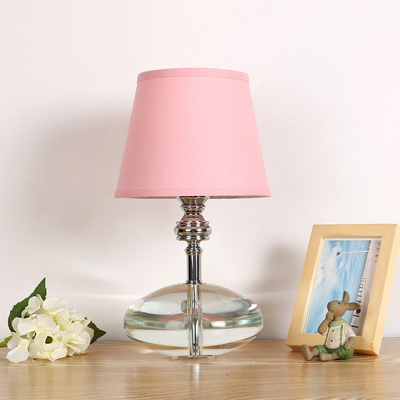 Fabric Pink Night Lamp Conical 1 Light Lodge Nightstand Light with Clear Crystal Base