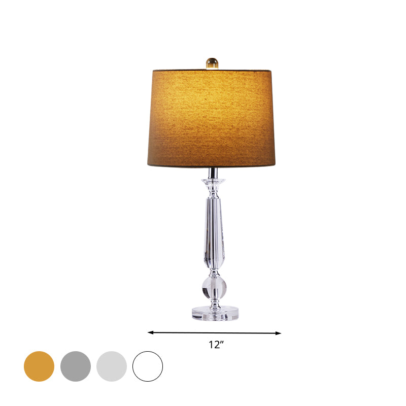 1 Light Drum Night Table Lamp Traditionalism White/Brown/Beige Fabric Nightstand Light for Bedroom with Crystal Base