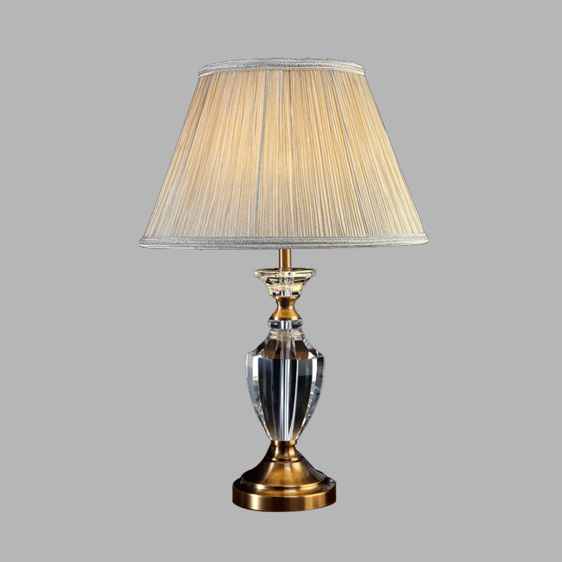 Fabric Pleated Shade Night Light Traditional Style 1 Light Bedroom Table Lamp in Cream Gray with Urn Crystal Base