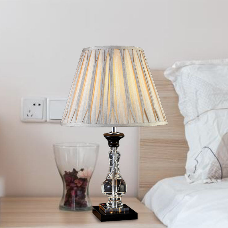 Minimalism Bell Nightstand Lamp 1 Light Fabric Night Light in Cream Gray with Translucent Crystal Base