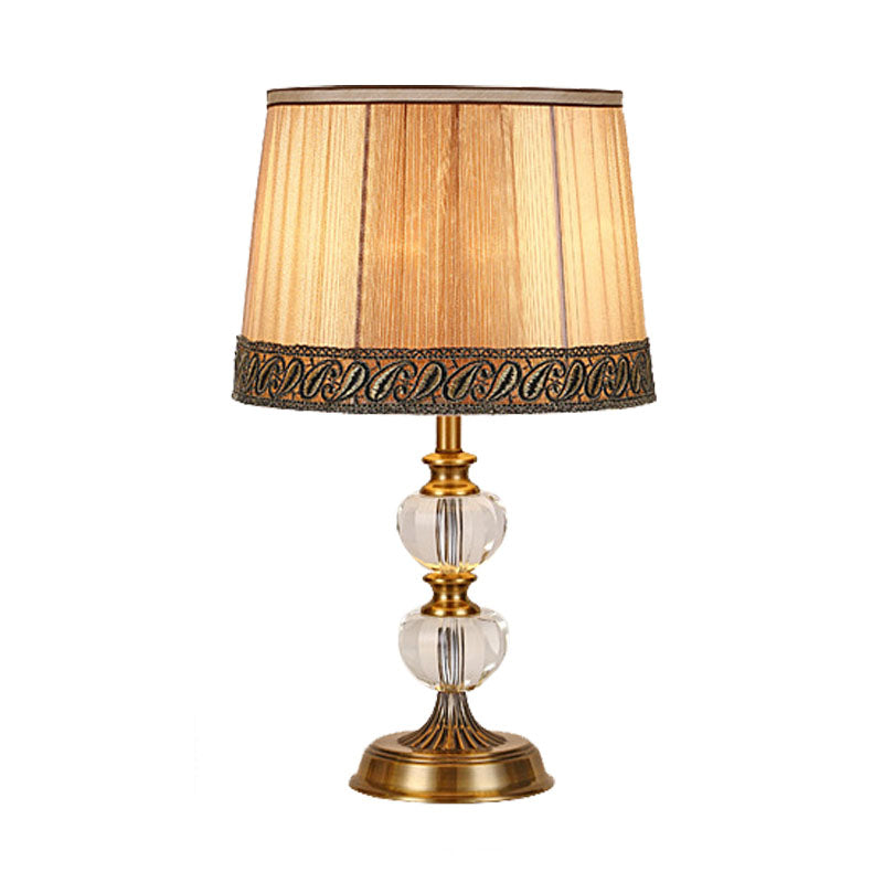 Rustic Drum Night Light Single Bulb Fabric Table Lamp in Beige for Bedroom with Crystal Ball