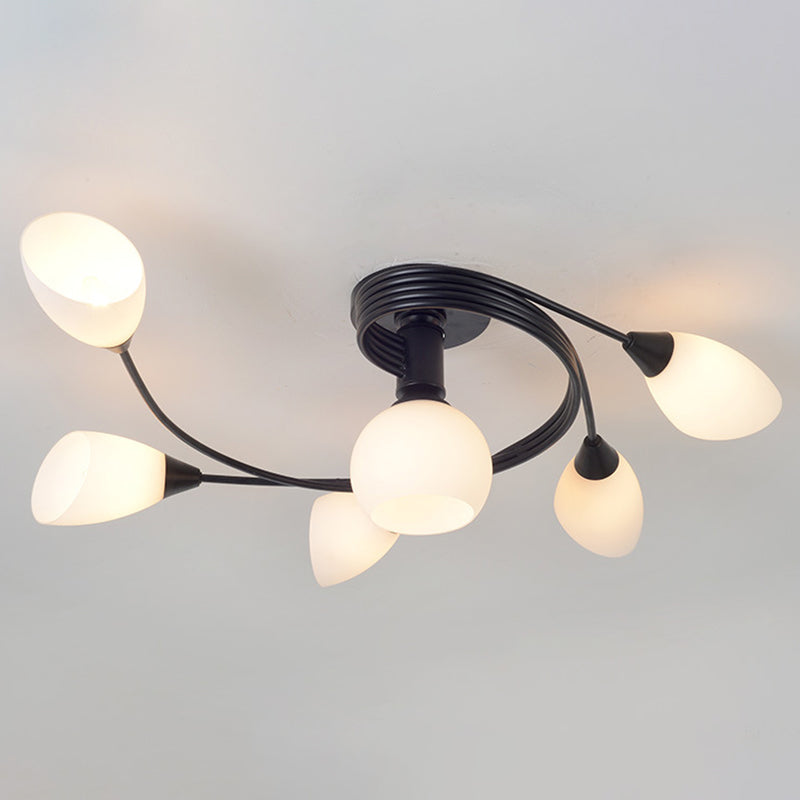 Modern Noordse macaron semi -flush mount smeedijzeren radiaal plafondlicht met witte glazen schaduw