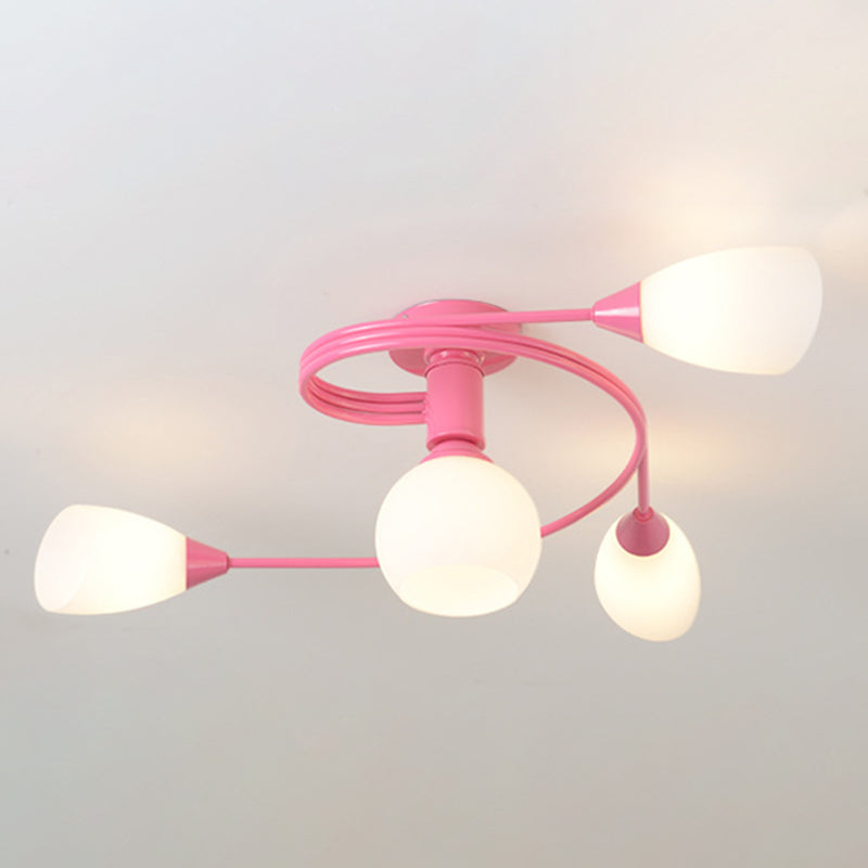 Modern Noordse macaron semi -flush mount smeedijzeren radiaal plafondlicht met witte glazen schaduw