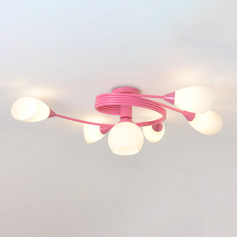 Modern Noordse macaron semi -flush mount smeedijzeren radiaal plafondlicht met witte glazen schaduw