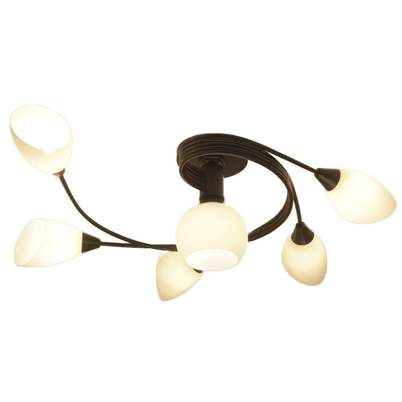 Macaron nordique moderne Macaron Semi Flush Mount de plafond radial en fer forgé avec une teinte en verre blanc