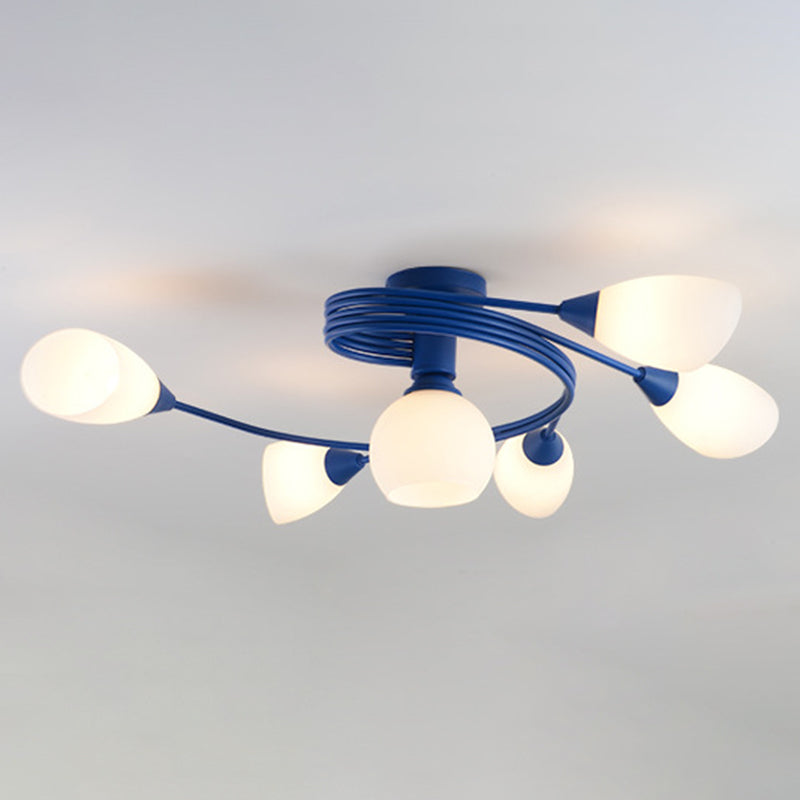 Modern Noordse macaron semi -flush mount smeedijzeren radiaal plafondlicht met witte glazen schaduw