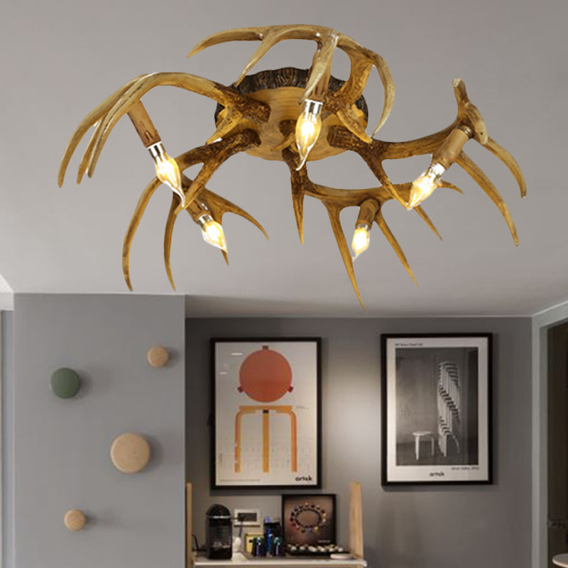 Resin Brown Semi Flush Lighting Antler Shape 5 Bulbs Traditional Ceiling Flush Mount Lamp