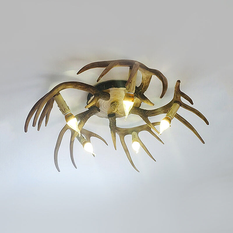 Resin Brown Semi Flush Lighting Antler Shape 5 Bulbs Traditional Ceiling Flush Mount Lamp