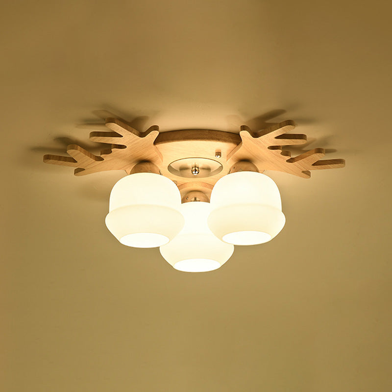 Wooden Semi Flush Mount Lighting Nordic Ceiling Flush Light with White Glass Shade