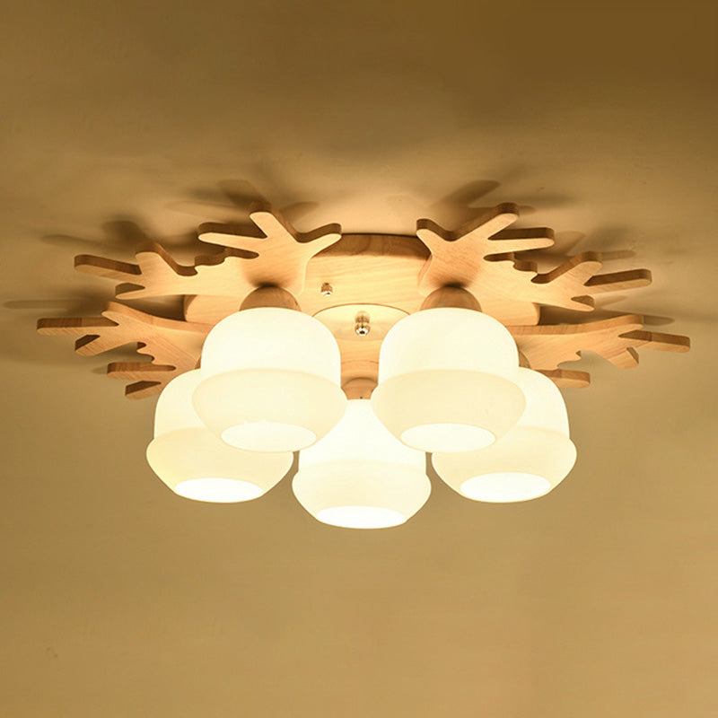 Wooden Semi Flush Mount Lighting Nordic Ceiling Flush Light with White Glass Shade