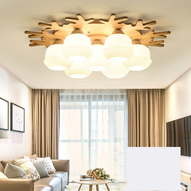 Wooden Semi Flush Mount Lighting Nordic Ceiling Flush Light with White Glass Shade