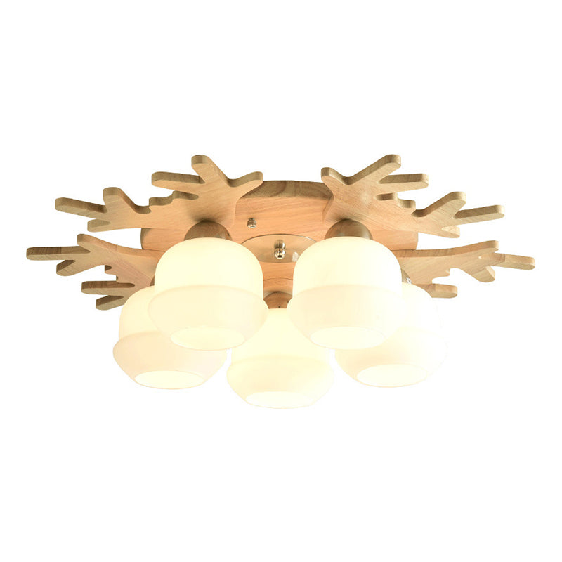 Wooden Semi Flush Mount Lighting Nordic Ceiling Flush Light with White Glass Shade