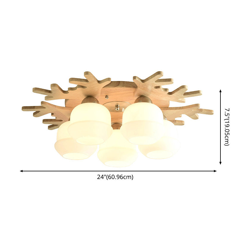Hölzerne Halbflush -Halterung Nordic Decke Flush Light mit weißem Glasschatten