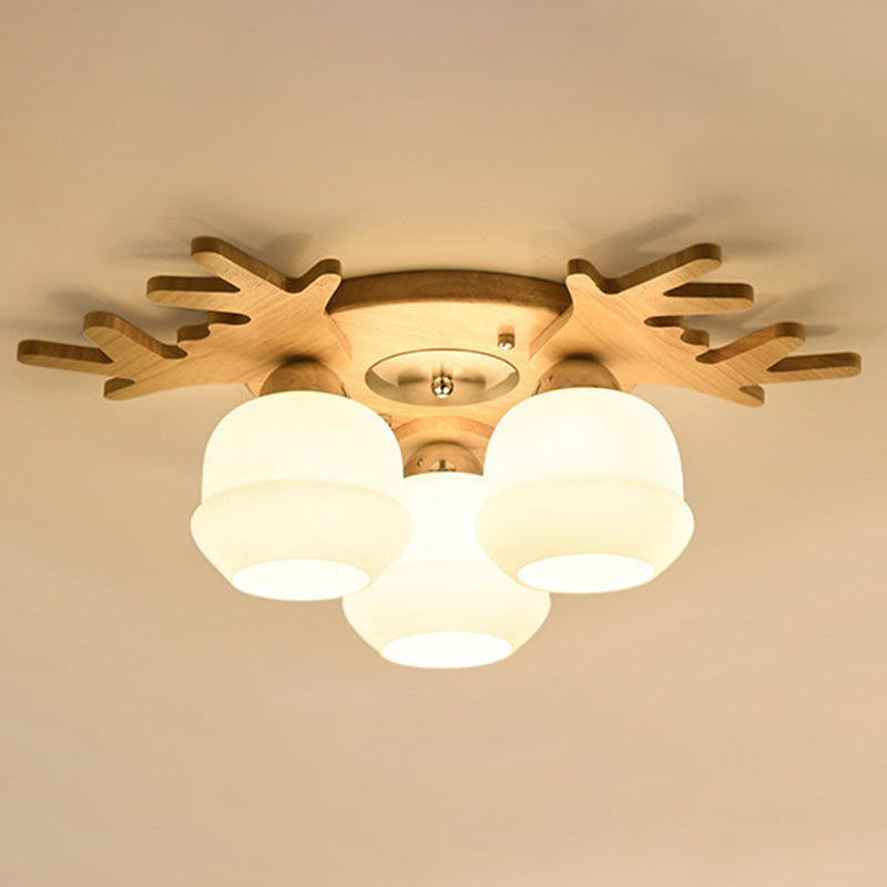 Wooden Semi Flush Mount Lighting Nordic Ceiling Flush Light with White Glass Shade