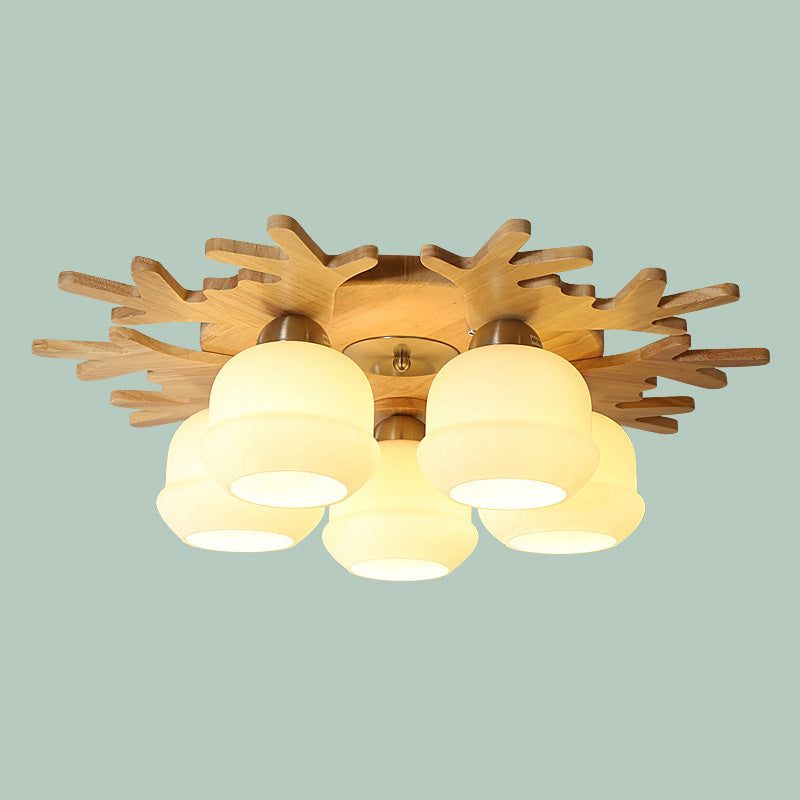 Wooden Semi Flush Mount Lighting Nordic Ceiling Flush Light with White Glass Shade