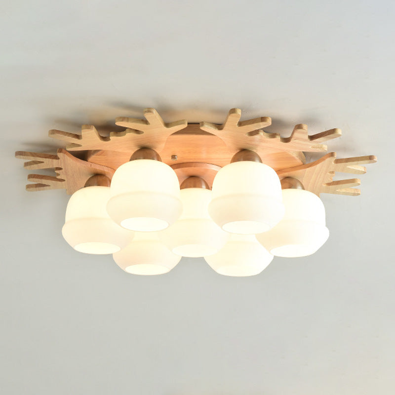 Wooden Semi Flush Mount Lighting Nordic Ceiling Flush Light with White Glass Shade