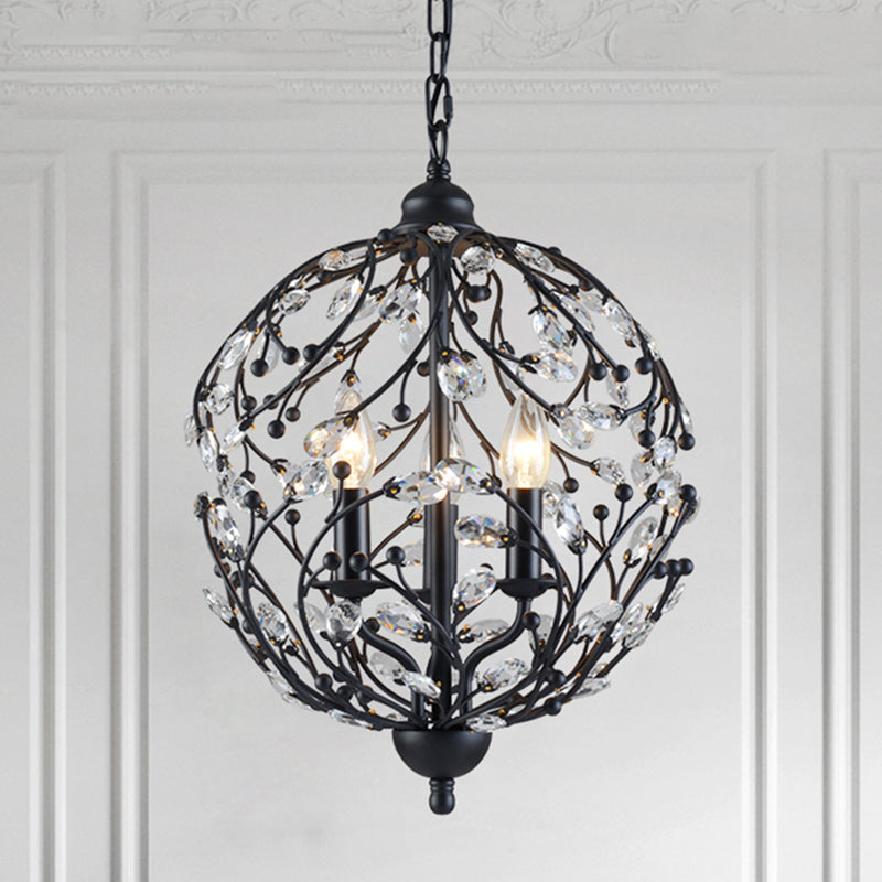 Black Globe Chandelier Pendant Light Artistic Modern 3-Light Crystal Ceiling Light