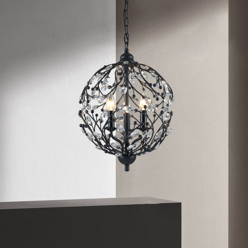 Black Globe Chandelier Pendant Light Artistic Modern 3-Light Crystal Ceiling Light