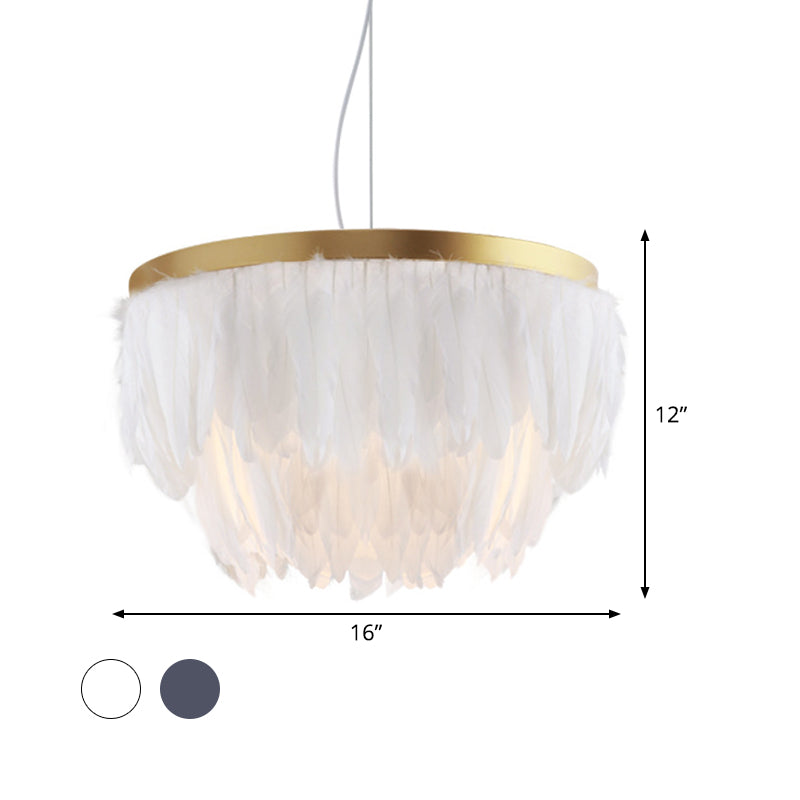 Contemporary 1 Head Suspension Lamp Grey/White 2-Tier Hanging Light Fixture with Fabric Shade for Living Room