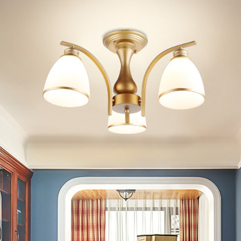 3/5/8 Lights Living Room Ceiling Mounted Fixture Classic Gold Semi Flush Mount with Cone Opal Glass Shade