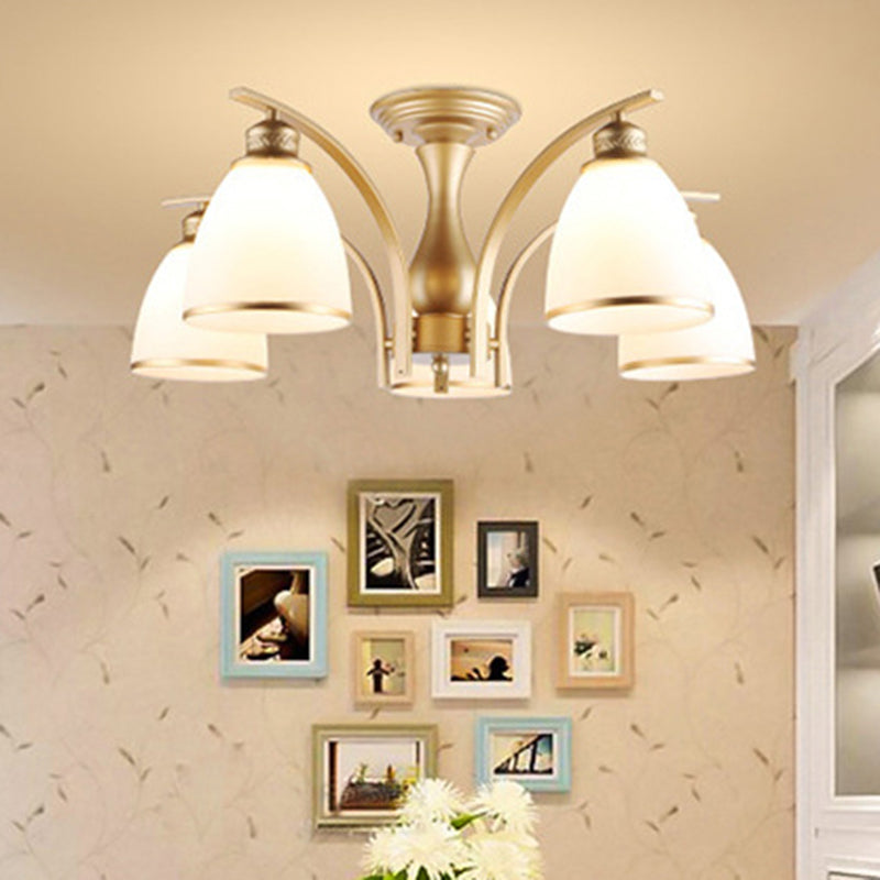 3/5/8 Lights Living Room Ceiling Mounted Fixture Classic Gold Semi Flush Mount with Cone Opal Glass Shade