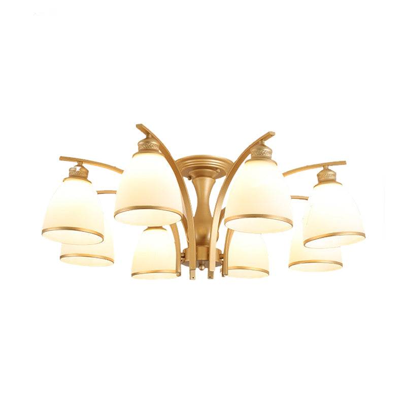 3/5/8 Lichten woonkamer plafond gemonteerd armatuur klassieke gouden semi -spoeling mount met kegel opaal glazen schaduw