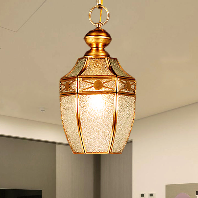 1 Bulb Lantern Ceiling Lamp Traditional Frosted Glass Hanging Lamp Kit in Brass for Hallway