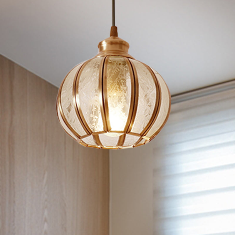 Textured Glass Sphere Cluster Pendant Light Retro 1/3 Bulbs Brass Hanging Lamp with Round/Linear Canopy