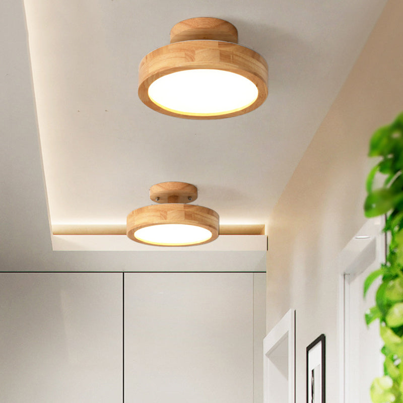 Round Semi Flush Ceiling Light Modern Style Wooden 1-Light Semi Mount Lighting