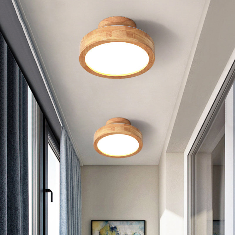 Round Semi Flush Ceiling Light Modern Style Wooden 1-Light Semi Mount Lighting