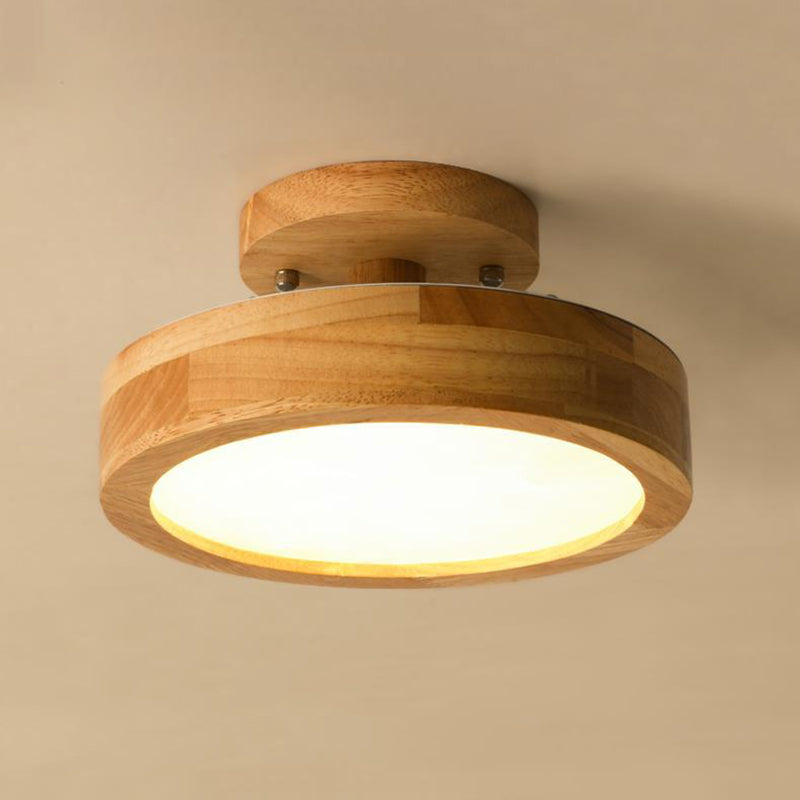 Round Semi Flush Ceiling Light Modern Style Wooden 1-Light Semi Mount Lighting