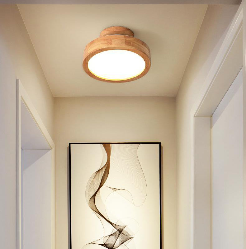 Round Semi Flush Ceiling Light Modern Style Wooden 1-Light Semi Mount Lighting