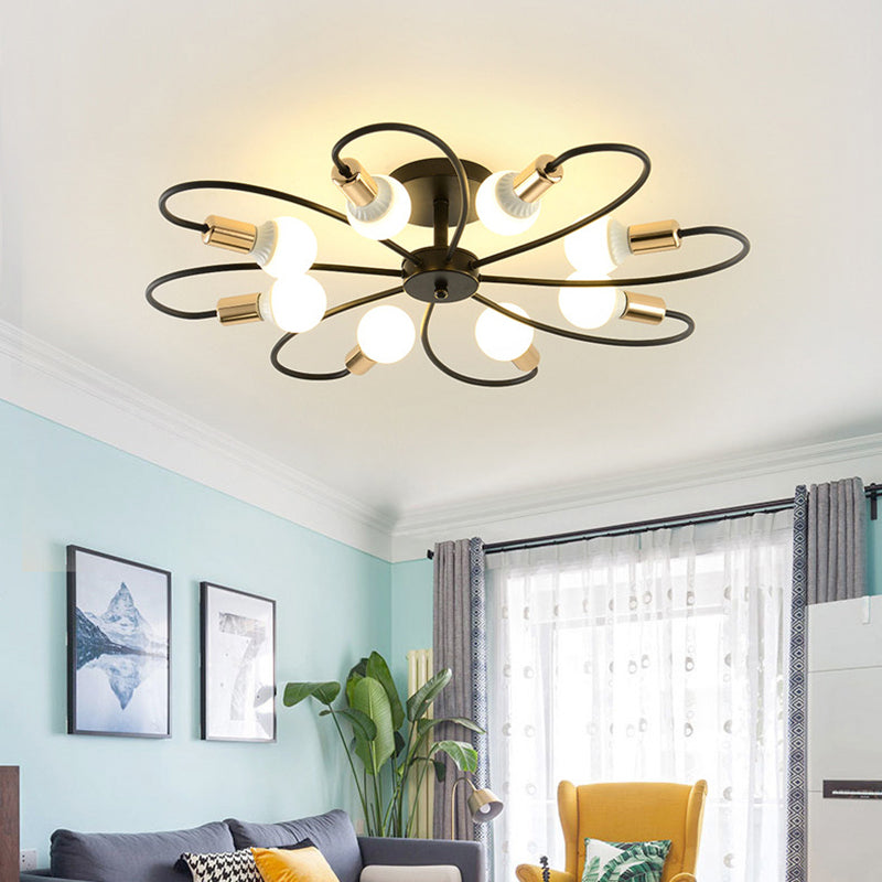 Bare Bulb Radial Ceiling Light in Industrial Retro Style Wrought Iron Semi Flush Mount