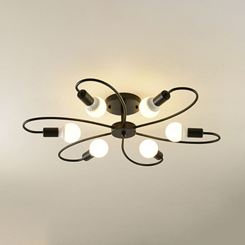 Bare Bulb Radial Ceiling Light in Industrial Retro Style Wrought Iron Semi Flush Mount