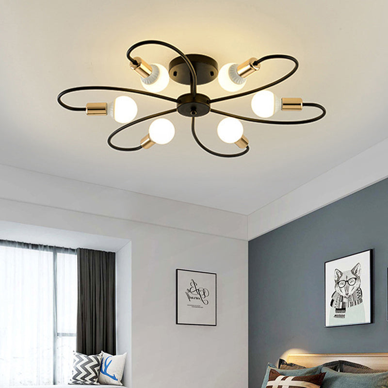 Bare Bulb Radial Ceiling Light in Industrial Retro Style Wrought Iron Semi Flush Mount