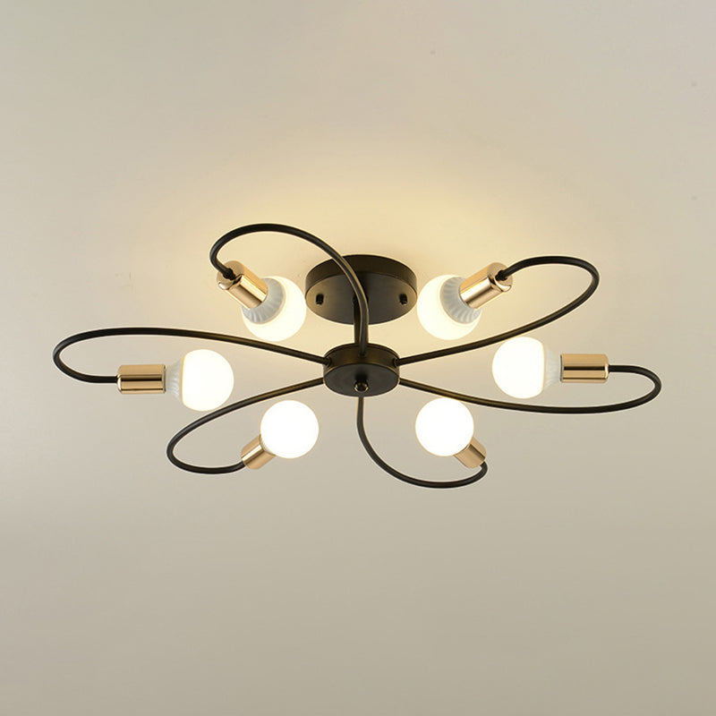 Bare Bulb Radial Ceiling Light in Industrial Retro Style Wrought Iron Semi Flush Mount