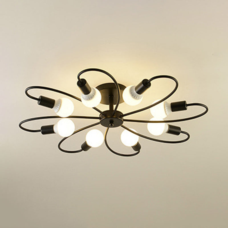 Bare Bulb Radial Ceiling Light in Industrial Retro Style Wrought Iron Semi Flush Mount