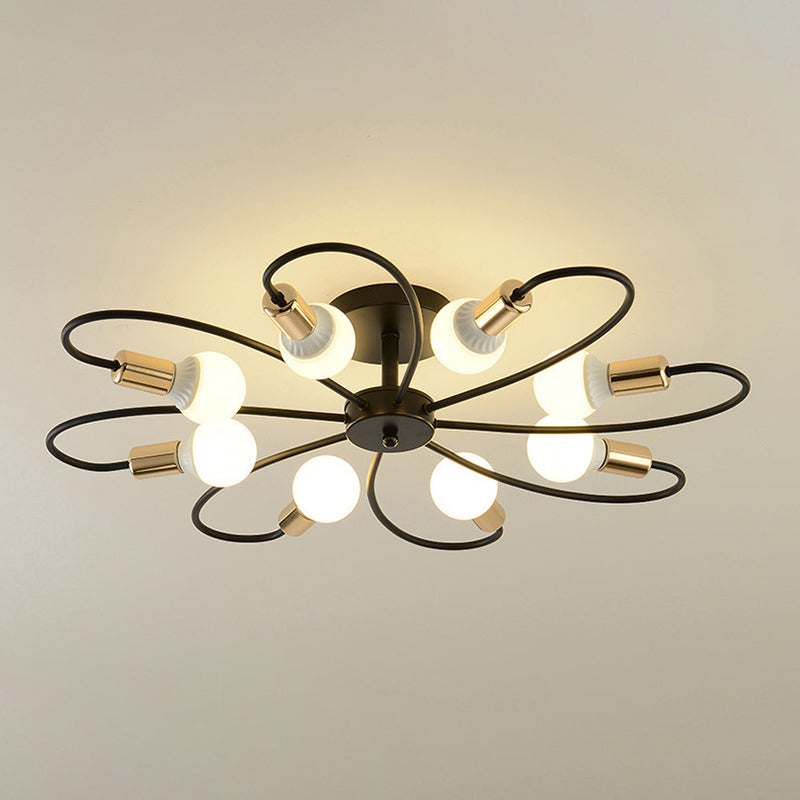 Bare Bulb Radial Ceiling Light in Industrial Retro Style Wrought Iron Semi Flush Mount