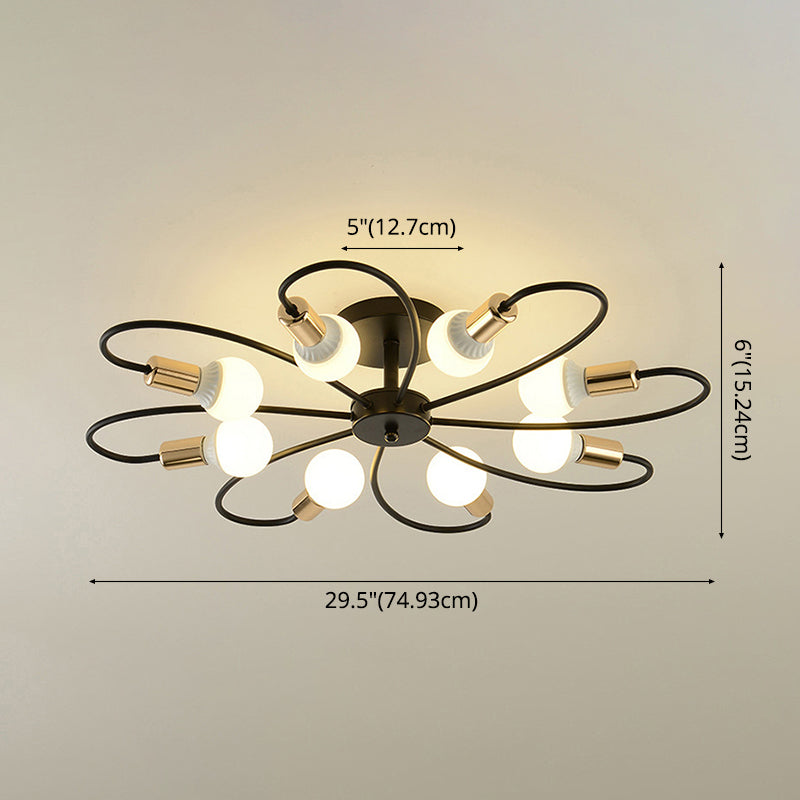 Bare Bulb Radial Ceiling Light in Industrial Retro Style Wrought Iron Semi Flush Mount