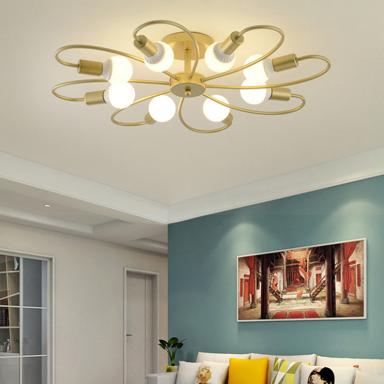 Bare Bulb Radial Ceiling Light in Industrial Retro Style Wrought Iron Semi Flush Mount