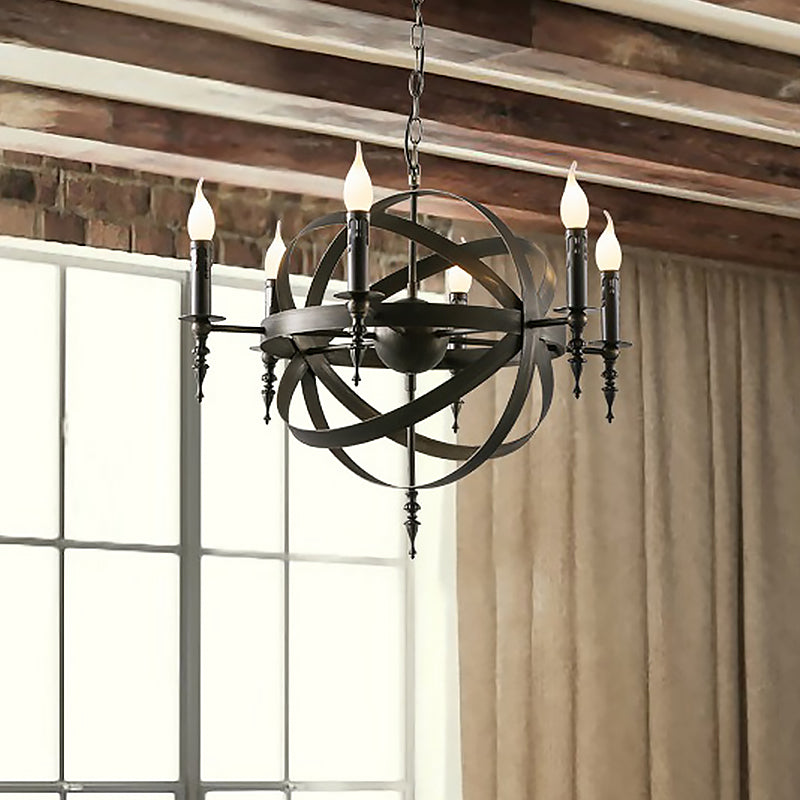 6/8-Light Industrial Globe Lantern Ceiling Light Candle Style Black Metallic Chandelier