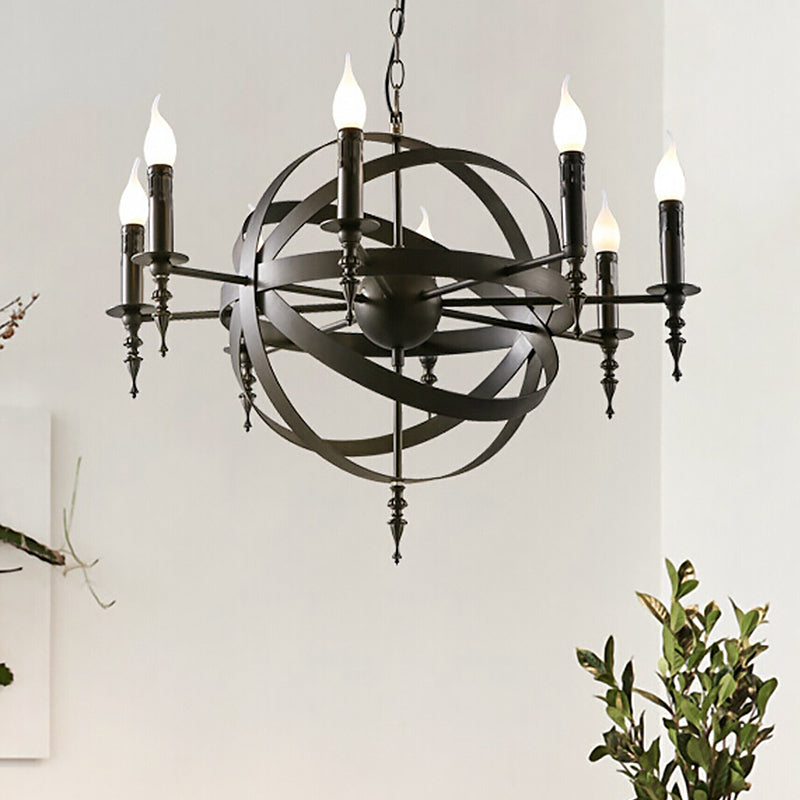 6/8-Light Industrial Globe Lantern Ceiling Light Candle Style Black Metallic Chandelier