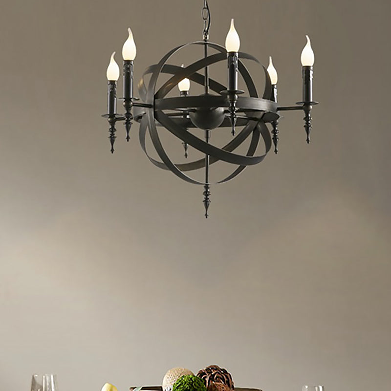 6/8-Light Industrial Globe Lantern Ceiling Light Candle Style Black Metallic Chandelier