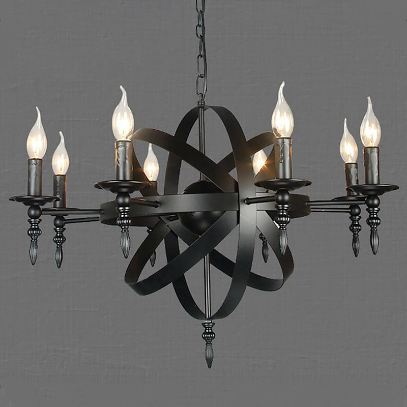 6/8-Light Industrial Globe Lantern Ceiling Light Candle Style Black Metallic Chandelier