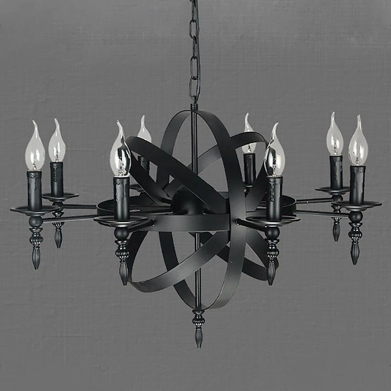 6/8-Light Industrial Globe Lantern Ceiling Light Candle Style Black Metallic Chandelier