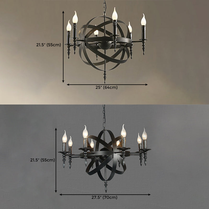 6/8-Light Industrial Globe Lantern Ceiling Light Candle Style Black Metallic Chandelier