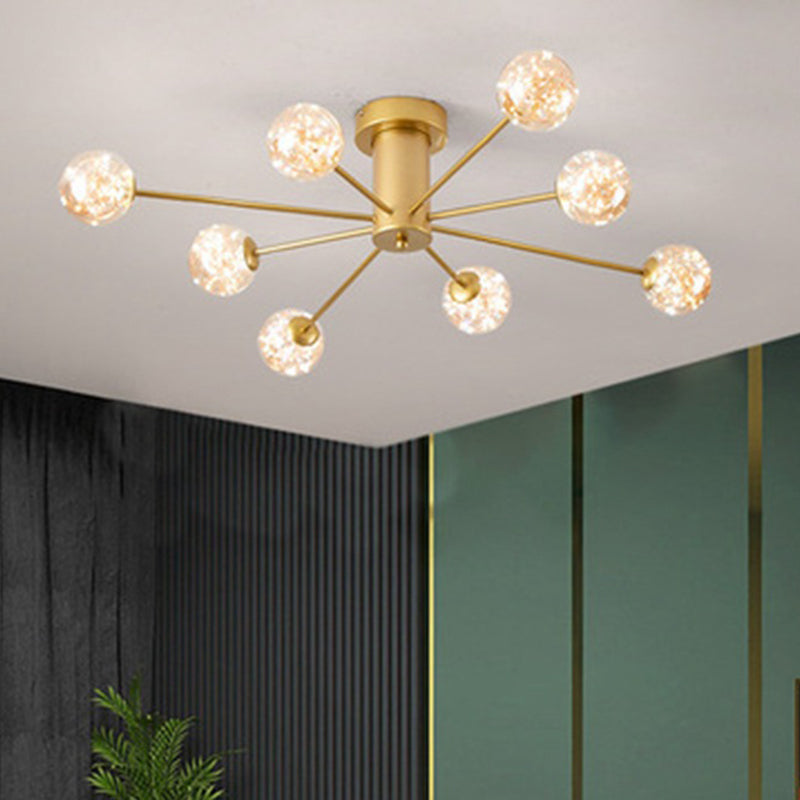 Modern Luxury Radial LED Ceiling Light Wrought Iron Semi Flush Mount with Glass Shade